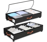 JNUYISW Lot de 2 Boîtes de Rangement Sous le Lit avec Roulette, Noir 38L Grand Bac Pliable Drap Caisse avec Couvercle Fenêtre Visible Cadre Métallique Tiroir Sous Lit pour Vêtements Chaussure Jouets