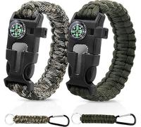 JNZLT Lot de 2 bracelets de survie 5 en 1 en paracorde avec 2 mousquetons et boussole intégrée, allume-feu, couteau d'urgence et sifflet