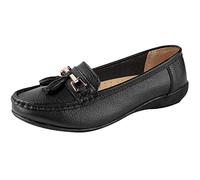 Jo & Joe Chaussures bateau en cuir à talons plats avec glands pour femme - Mocassins nautiques à lacets, Noir , 39 EU