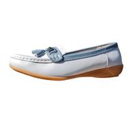 Jo & Joe Mocassins nautiques en cuir pour femme - Pompons plats - Pointure 40-42 - Semelle antidérapante en caoutchouc flexible - Bout rond - Talon de 2,5 cm - Doublure froide - Solide - Bas -