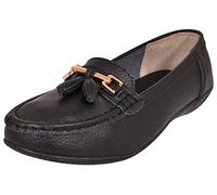 JO & JOE , Mocassins pour femme en cuir avec semelle à talon légèrement compensé, style décontracté, confortable, chaussures de travail,Coupe Large Nautique - Noir,37 EU / 4 UK