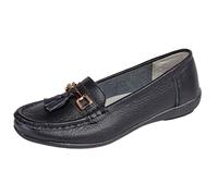JO & JOE , Mocassins pour femme en cuir avec semelle à talon légèrement compensé, style décontracté, confortable, chaussures de travail,Coupe Large Nautique - Noir,39 EU / 6 UK