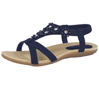 Jo & Joe - Sandales plates en cuir synthétique pour femme, tongs avec brides ouvertes en forme de T et ornées de fleurs à strass, taille 35-42 - Bleu - bleu marine, 38 EU