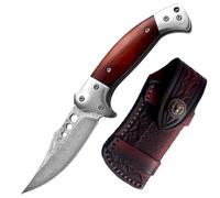 Joa Couteau de poche Damas pliant tranchant et pliable - Couteau de survie - Couteau de chasse en acier damassé - Petit manche en bois - Couteau de qualité supérieure avec étui en cuir