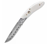 Joa Couteau de poche damassé pliant fin et pratique - Couteau de survie - Couteau de chasse - Blanc - Manche en os - Acier damassé de qualité supérieure - Petit couteau léger