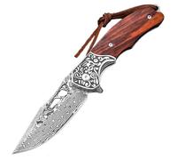 Joa Couteau de poche damassé pliant tranchant et pliable - Couteau de survie - Couteau de chasse - Couteau de survie en acier de Damas - Petit manche en bois - Couteau de qualité supérieure avec étui