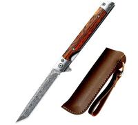 Joa Couteau de poche fin avec manche en bois - Petit couteau pliant - Avec étui en cuir - Couteau EDC - Pour l'extérieur - Motif en acier - Porte-clés - Cadeau pour homme