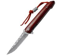 Joa couteau de survie extérieur en damas - Outil manuel pratique - Couteau de randonnée métal - Manche en bois - Cordon en cuir