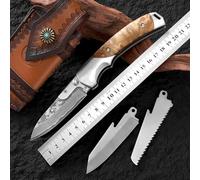 Joa Couteau pliant en bois damassé - Couteau de poche Damas Tanto EDC - Couteau en acier damassé - Couteau d'extérieur - Couteau de survie - Couteau de chasse pliable - Outil multifonction damassé