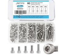 Joamang Assortiment de 125 vis à tête cylindrique M3 x 8 mm, 12 mm, 16 mm, 20 mm, 25 mm, en acier inoxydable 304, entraînement hexagonal métrique, finition brillante, entièrement fileté
