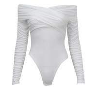 JOASDAO Body à épaules dénudées pour femme - Manches longues - Sans bretelles - Col en V croisé - String sur le devant - Tenue de sortie, blanc, L