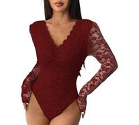 JOASDAO Body transparent à manches longues pour femme - Chemisier sexy en dentelle florale - Coupe ajustée - Col en V - Dos nu - String pour sortir, bordeaux, M