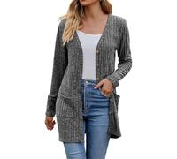 JOASDAO Cardigan d'automne tendance en tricot côtelé à manches longues léger ouvert sur le devant boutonné uni décontracté cascade cardigan d'extérieur pulls en tricot, 1#Gris foncé, XXL