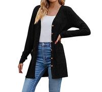 JOASDAO Cardigan d'automne tendance en tricot côtelé à manches longues léger ouvert sur le devant boutonné uni décontracté cascade cardigan d'extérieur pulls en tricot, 2# Noir, L