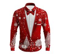 JOASDAO Chemise de Noël pour homme, grande taille, à manches longues, boutonnée, impression 3D, costume de Noël moche amusant, chemise de travail dorée brillante avec nœud papillon, Rouge 1#, S