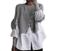 JOASDAO Chemises patchwork tendance 2 en 1 pour femme - Style décontracté - Manches lanternes - Pull décontracté - Haut raglan ample, gris, M
