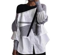 JOASDAO Chemises patchwork tendance 2 en 1 pour femmes habillées décontractées à manches lanternes pull-over décontracté superposé raglan hauts amples, blanc, XL