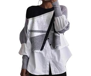 JOASDAO Chemises patchwork tendance pour femmes 2 en 1 habillées décontractées à manches lanternes pull-over superposé raglan hauts amples décontractés, blanc, L