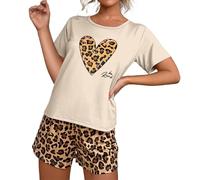 JOASDAO Ensemble de pyjama 2 pièces pour femme, imprimé léopard, à manches courtes, haut et short, vêtements de nuit assortis, beige, S
