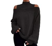 JOASDAO Femmes Pull Col Montant Épaules Dénudées Manches Longues Chandails Tricotés Élégants et Chics, Noir , XL