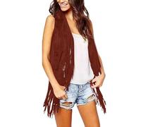 JOASDAO Gilet à franges pour femme - Style western cowgirl - En daim synthétique - Avec pompons - Veste en cuir - Cardigan - Style classique vintage années 70, 80, 90 - Costume hippie, 2#vin, L