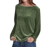 JOASDAO Hauts décontractés en velours pour femmes à manches longues et col rond - Tunique douce - Solide - Coupe ajustée - Chemisier en velours tendance, vert foncé, 3XL