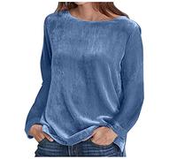 JOASDAO Hauts décontractés en velours pour femmes à manches longues et col rond - Tunique douce - Solide - Coupe ajustée - Chemisier en velours tendance, bleu, L
