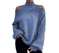 JOASDAO Pull col châle à épaules dénudées pour femme avec col roulé imitation, manches longues - Hauts élégants et habillés en tricot pour femmes, bleu, XXL