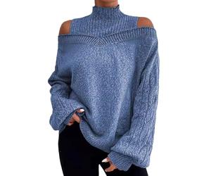 JOASDAO Pull col châle à épaules dénudées pour femme avec col roulé imitation, manches longues - Hauts élégants et habillés en tricot pour femmes, bleu, XXL
