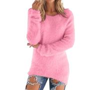 JOASDAO Pull pelucheux à manches longues pour femme, en fausse fourrure duveteuse, col rond, tuniques pour l'automne et l'hiver 2024, rose, 4XL