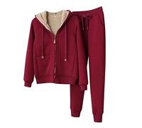 JOASDAO Survêtement 2 pièces doublé en polaire Sherpa pour femme - Manches longues - Fermeture éclair intégrale - Ensemble sweat à capuche et pantalon de survêtement, Rouge, M
