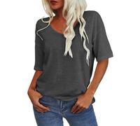 JOASDAO T-shirt tendance à col en V à manches mi-longues pour femme, solide, décontracté, coupe ample, basique 2025, mode quotidienne, chemisier, vêtements, gris foncé, XL