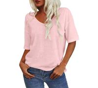 JOASDAO T-shirt tendance à col en V à manches mi-longues pour femme, solide, décontracté, coupe ample, basique 2025, mode quotidienne, chemisier, vêtements, rose poudré, L