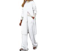 JOASDAO Tenues 2 pièces pour femme - Haut décontracté à manches longues et pantalon long à jambe large - Ensemble assorti, blanc, S