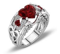 JOATVEE Ensemble de bagues de mariage pour homme en acier inoxydable avec veines de bois, bagues en rubis en forme de cœur pour femme, set de alliances plaqué or blanc, 6, Pierre précieuse, Rubis