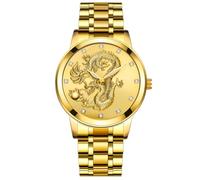 JOATVEE Montre à Quartz performante et étanche à 10 m Montre à Aiguille Lumineuse Montre à Calendrier en Or Bracelet en Acier Montre Dragon Chinois en Relief stéréo pour Hommes