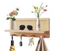 Joberio Support Mural - Patères en Bois Fixées Au Mur avec Étagère | Étagère avec Crochets pour Manteau, Sac À Dos, Clés, Cintre | Étagère en Rotin pour Salon, Chambre À Coucher