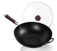 Jobin 32 cm/12,6'' Wok en Acier au Carbone Avec Couvercle, Poignées en Bois et Acier, Permet de Cuisiner des Plats Asiatiques Pour 3 à 5 Personnes - Fond Plat