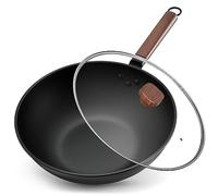 Jobin 33 cm/5,6L Wok en Acier au Carbone Avec Couvercle - Sans Revêtement Chimique - Cuisiner des Plats Asiatiques pour 4-6 Personnes - Convient à Induction/Electrique/Gas