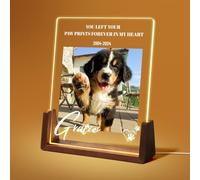 Jodimitty Plaque Funéraire Personnalisable pour Animaux Chien et Chat, Panneau Acrylique avec lumière LED et Base en Bois, Photo Couleur personnalisée & nom & Durée de Vie & Message (Style A)