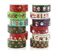Jodsen 12 Rouleaux Ruban Washi de Noël Multi-Motif Rubans de Décorative Masking Snowman Adhesive Decorative Tape Holiday Tapes Pastel Scrapbook Stickers Ruban pour Scrapbooking Enveloppement Cadeau