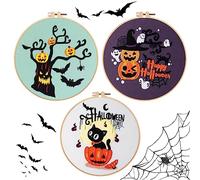 Jodsen Kit de broderie, kit de démarrage de motif d'Halloween pour débutants, citrouille, fantômes, kit de point de croix chauve-souris, estampillé avec et instructions, 3 tissus, 1 cerceaux, fils de