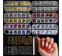 JODSONE Nail Charms, kit de strass pour ongles avec 6 boîtes de strass, 12 autocollants pour ongles en 2 couleurs, perles de différentes formes, cristaux et outils pour nail art