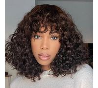 JOEDIR HAIR Perruque courte bou avec frange pour femme noire, 30,5 cm, marron chocolat, perruque ondulée Jerry Curl Bob perruque de densité 150 %, sans dentelle frontale, sans colle (couleur : #2