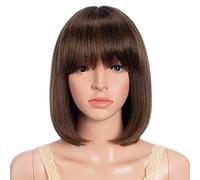 JOEDIR HAIR Perruque de cheveux humains Bob avec frange pour femmes noires, brune, courte, faite à la machine, sans colle, 25 cm, P4/30