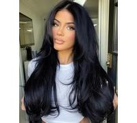 Joedir Perruque Synthétique 66 cm Longue Droite Free Parting Base Soie Lace Front Wigs (1B)