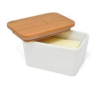 Joeji's Beurrier Céramique 500 ml avec Couvercle Bambou et Joint Silicone - Boîte à Beurre Hermétique pour Réfrigérateur - Beurrier Porcelaine Design pour Beurre Frais