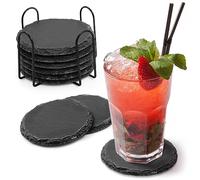 Joeji's Kitchen Ensemble de 8 sous-Verres en Ardoise - sous-Verres Noirs Premium avec Porte-Verres Élégant, Durables et Absorbants, Parfaits pour Protéger Les Tables et Les Plans de Travail…