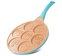 Joeji's Kitchen Poêle à Crêpe Pancakes Blinis avec Smileys - 7 trous en Aluminium Antiadhésif - Poele a Crepe induction ou gaz de 26,5 cm - Poêle à Frire Mini œufs pour les Enfants - Bleu