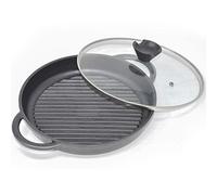 joeji's Kitchen Poêle Grill Induction Antiadhésive - Ronde Fonte d'aluminium 27cm - Couvercle En Verre - Poêle à Frire à Steak BBQ Casseroles - Sans PFOA